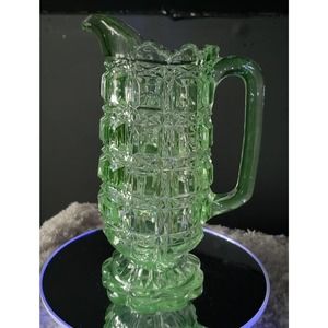 Vintage Clear Block Cut Glass Pitcher with Manganese Glow